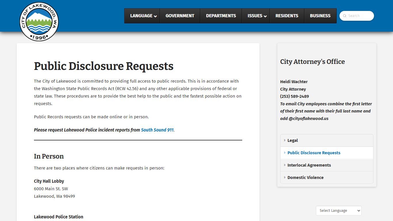 Public Disclosure Requests - City of Lakewood